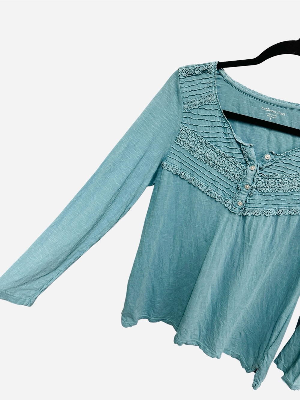 Coldwater Creek ruffle floral lace 100% cotton Henley top in teal Size S - Picture 5 of 9